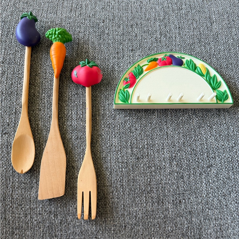 Vintage Wooden Kitchen Utensils Set with Vegetable Handles